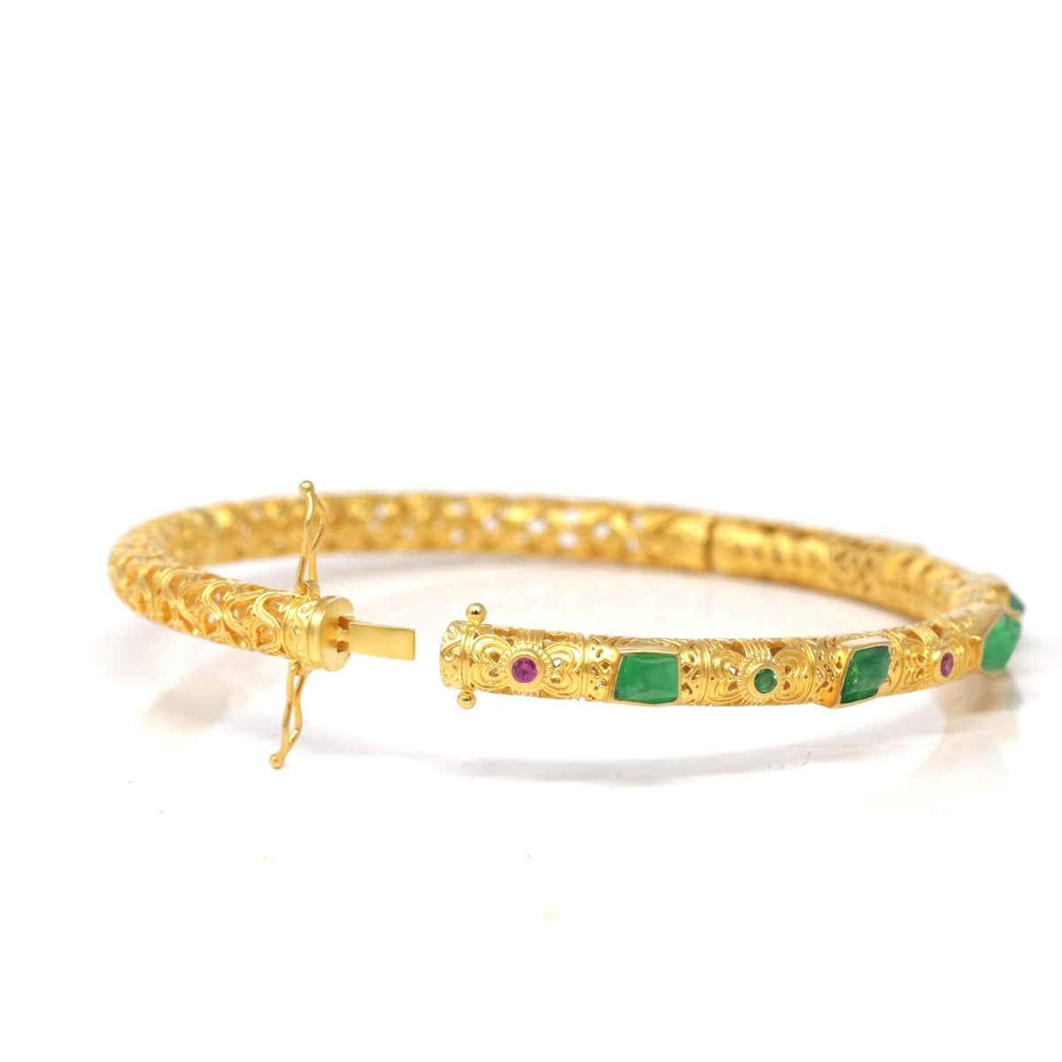 18ky Gold & Natural Imperial Green Jadeite Jade Bangle W/ Colorful Gems