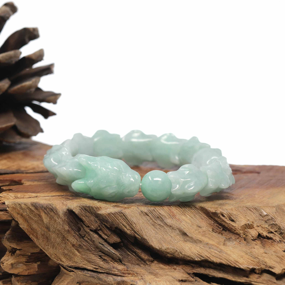 Natural Light Apple-Green Jadeite Jade "Dragon" Bead Bracelet