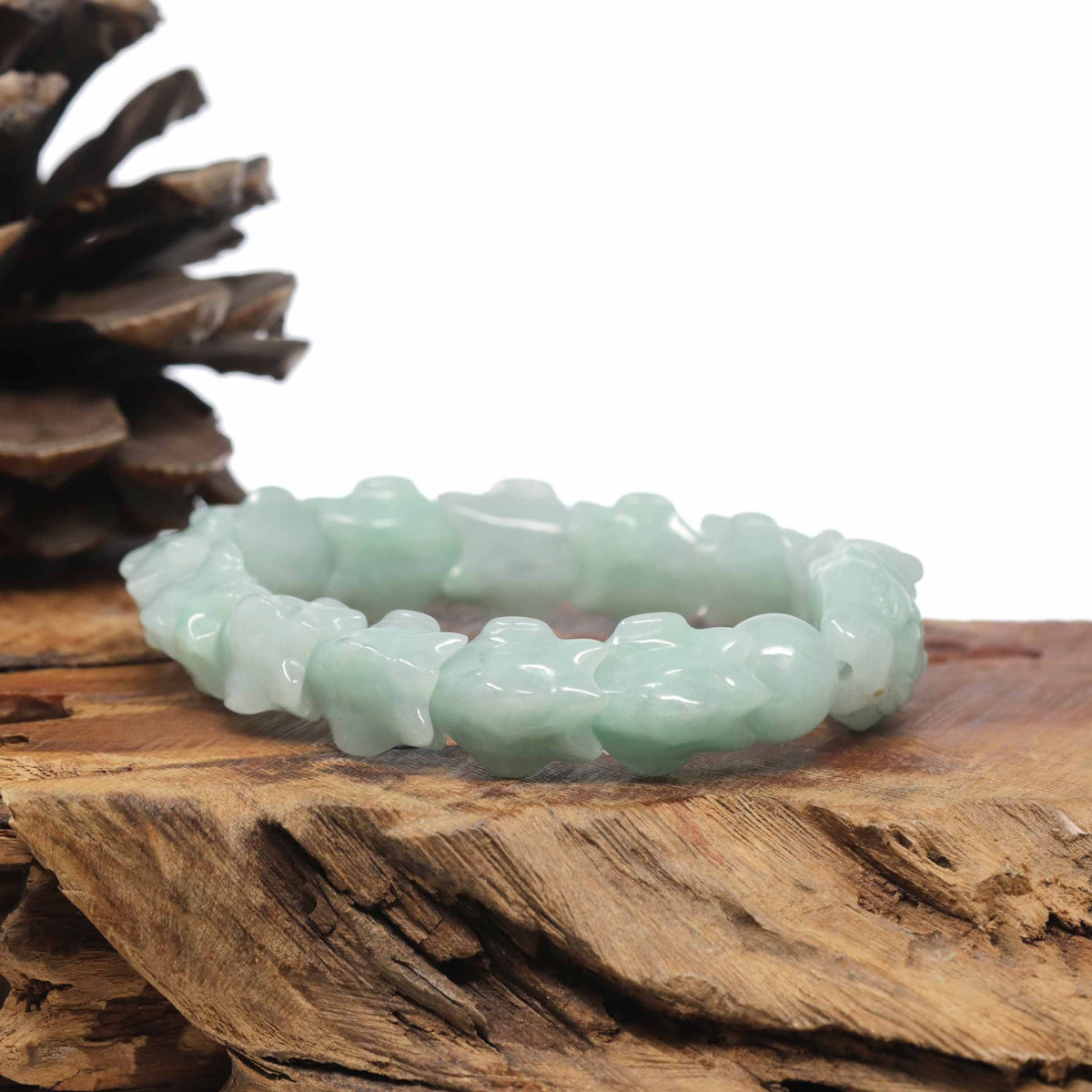 Natural Light Apple-Green Jadeite Jade "Dragon" Bead Bracelet
