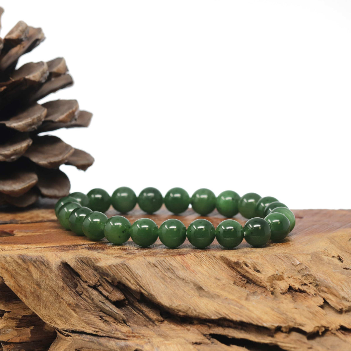 Natural Forest-Green Nephrite Jade Round Bead Bracelet (9.6mm)