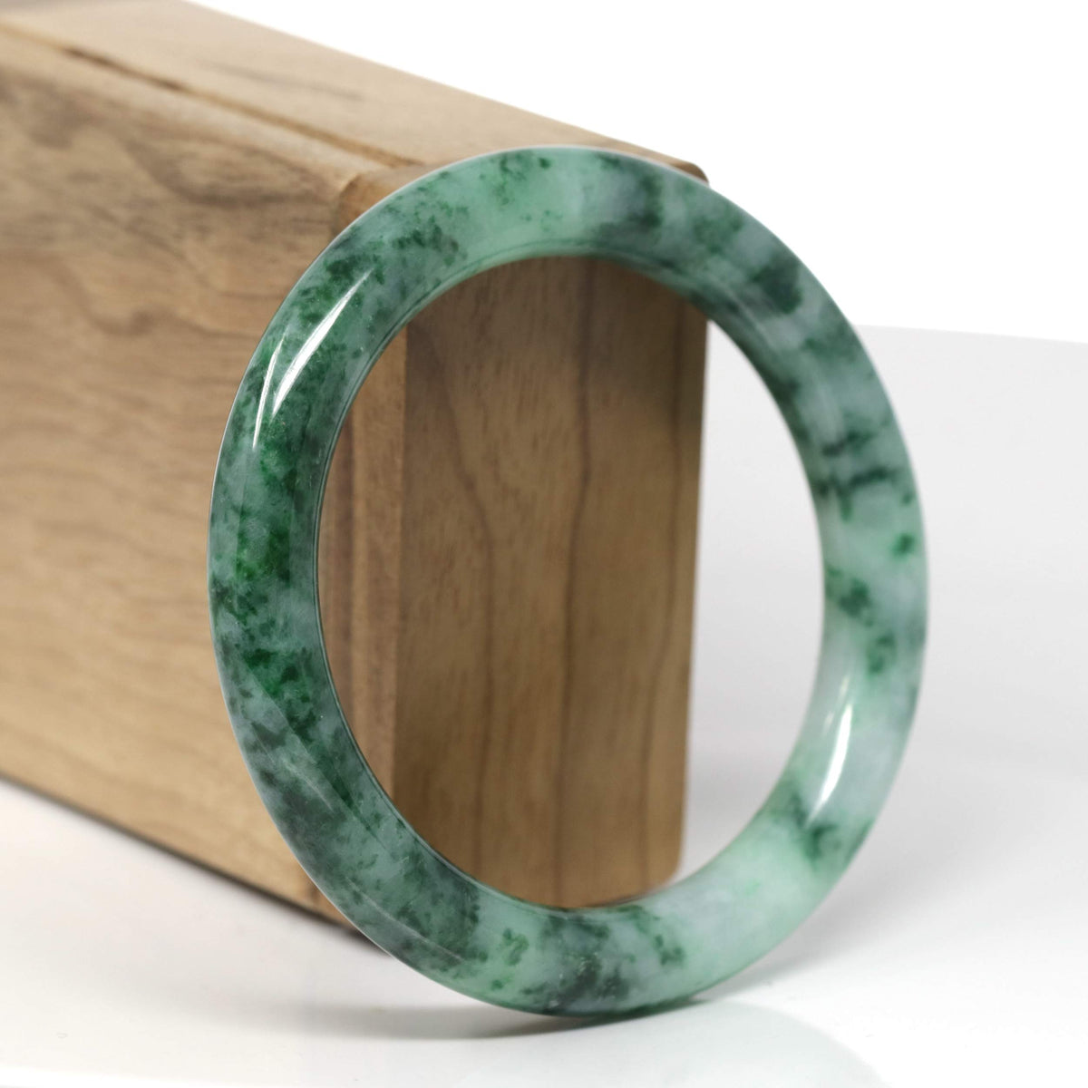 Natural Deep Forest Green Flower Jadeite Jade "Traditional Round" Bangle (55.9mm) #TT453