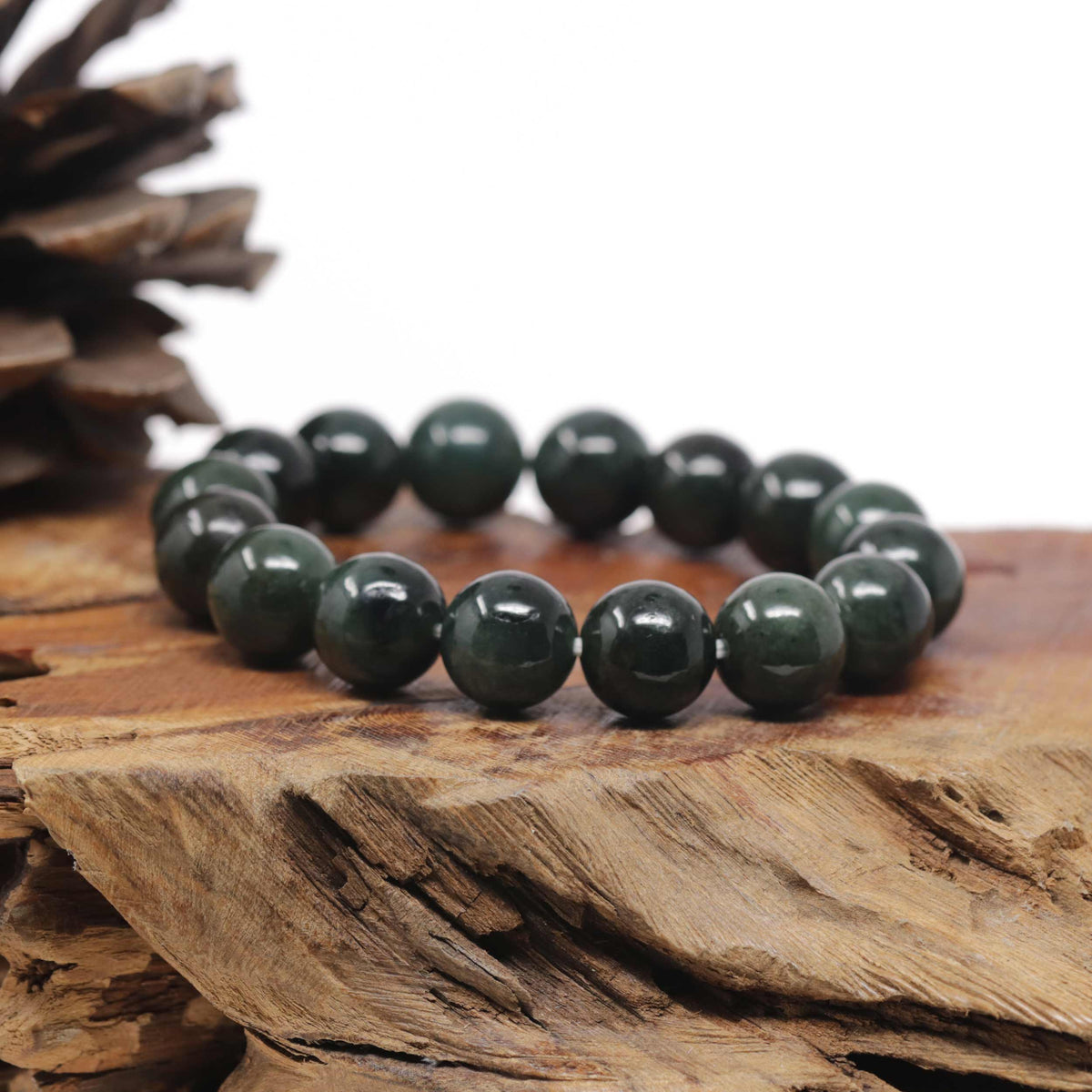 Oil-Green Genuine Jadeite Jade Large Round Bead Bracelet (12.5mm)