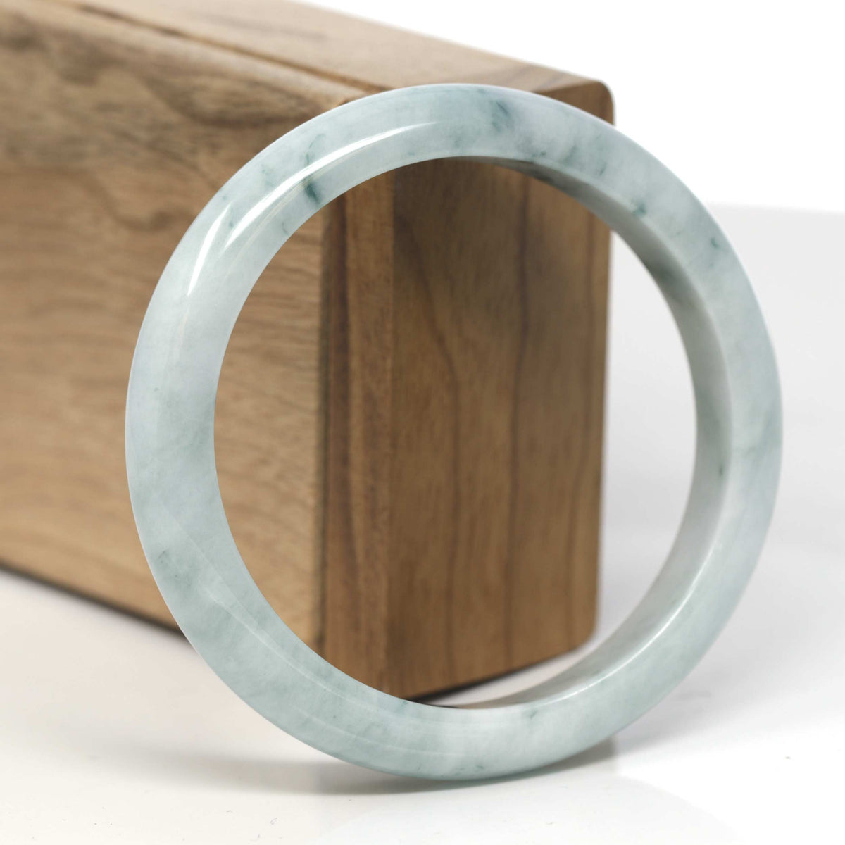 White-Green W/ Blue-Green Flowers Jadeite Jade "Half Round" Bangle Bracelet (59.2mm) #TT108