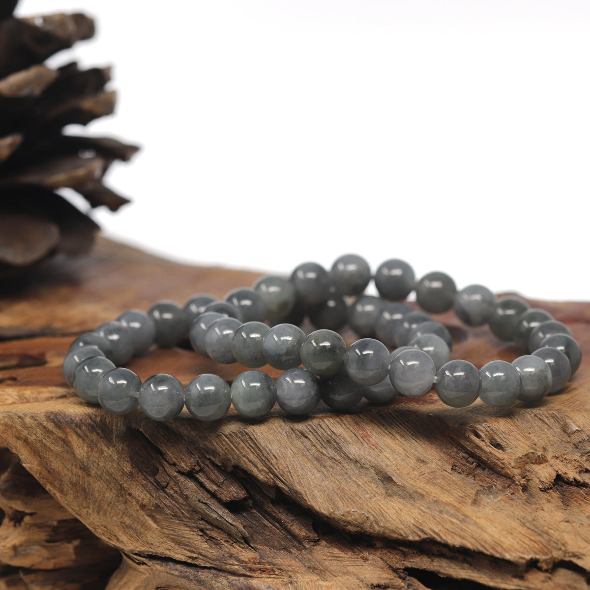 Black & Grey Wuji Genuine Jadeite Jade Round Bead Bracelet (8mm)
