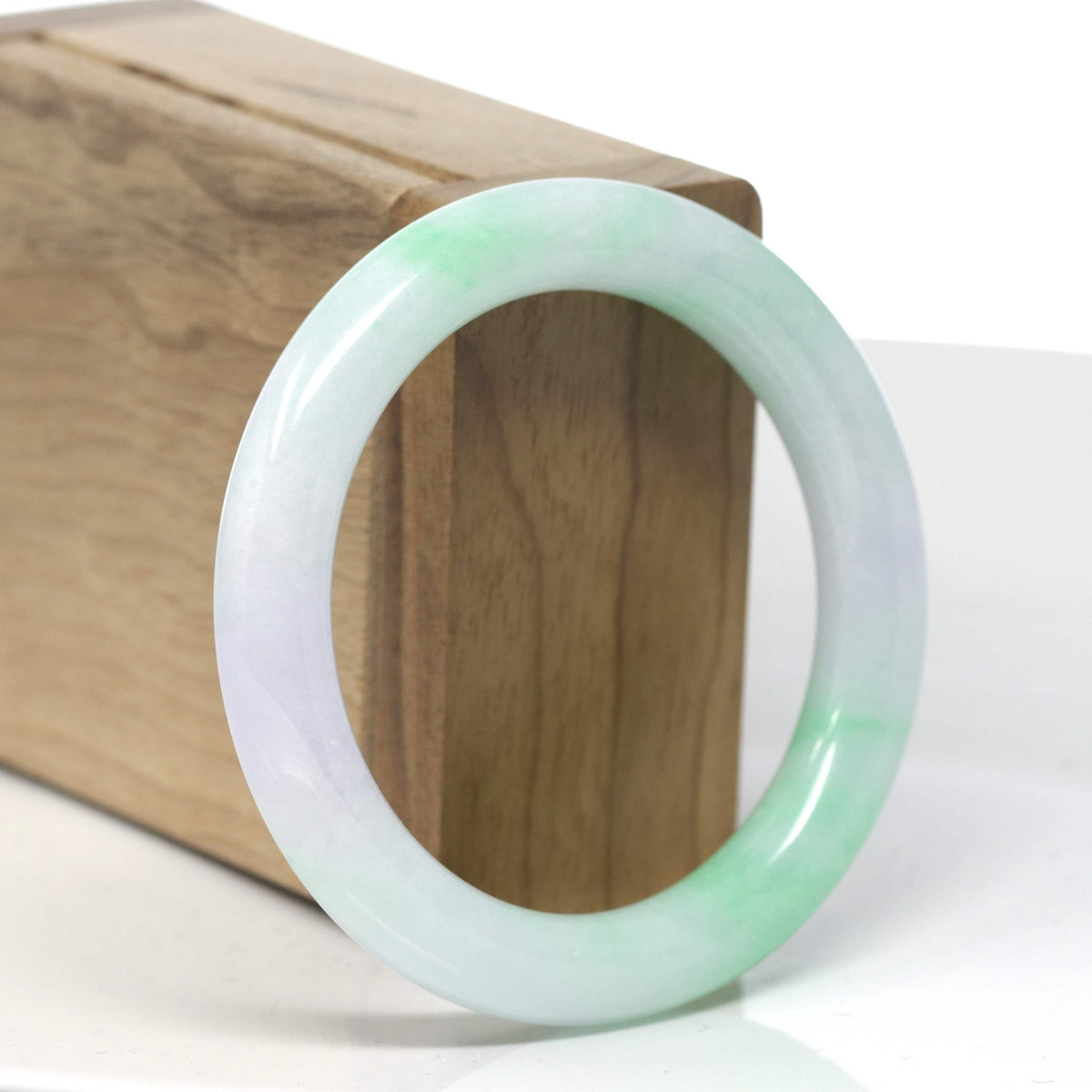 "Moss In Snow" Vibrant Green & White W/ Light Lavender Patch "Traditional Round" Jadeite Jade Bangle Bracelet (53.5mm) #TT344