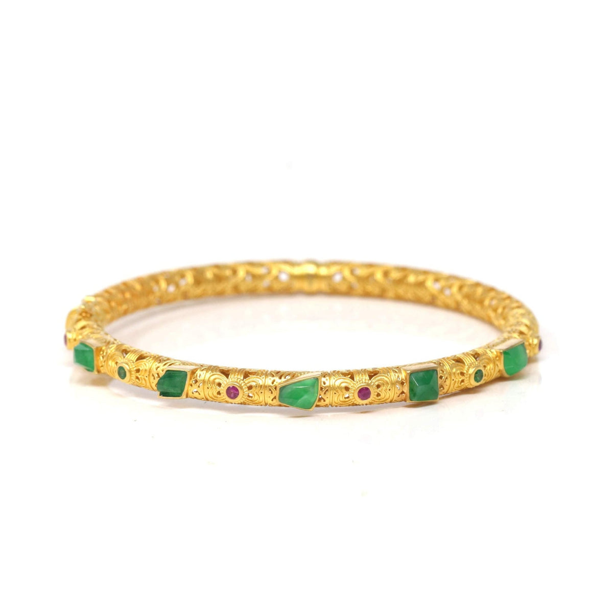 18ky Gold & Natural Imperial Green Jadeite Jade Bangle W/ Colorful Gems