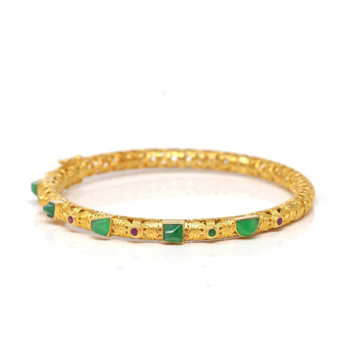 18ky Gold & Natural Imperial Green Jadeite Jade Bangle W/ Colorful Gems