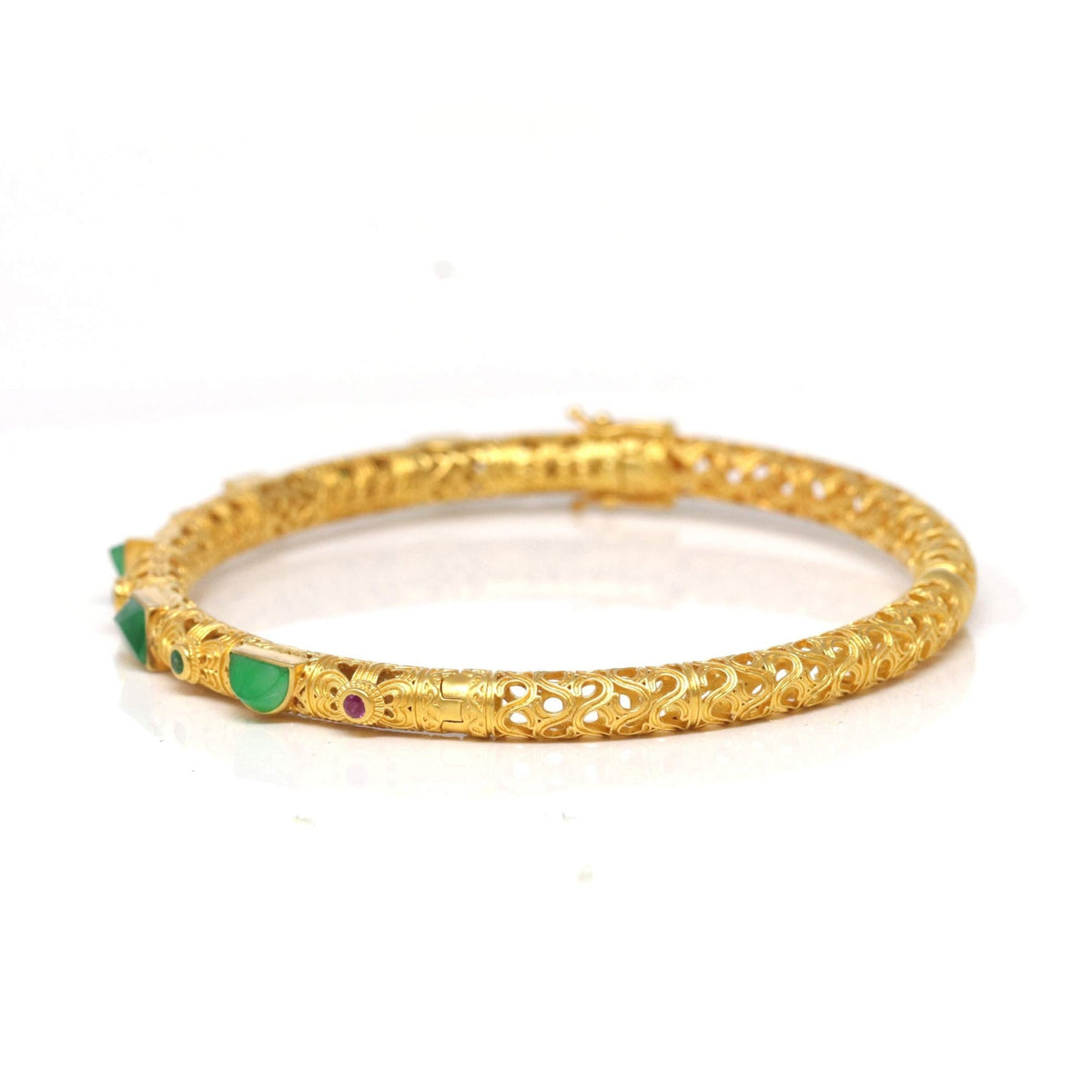 18ky Gold & Natural Imperial Green Jadeite Jade Bangle W/ Colorful Gems