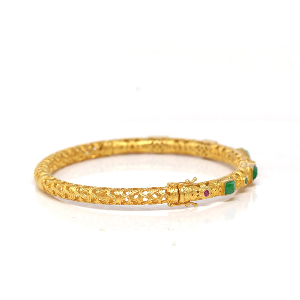 18ky Gold & Natural Imperial Green Jadeite Jade Bangle W/ Colorful Gems