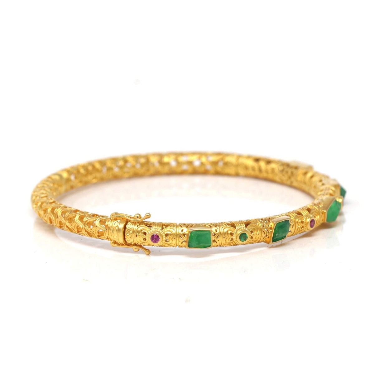 18ky Gold & Natural Imperial Green Jadeite Jade Bangle W/ Colorful Gems