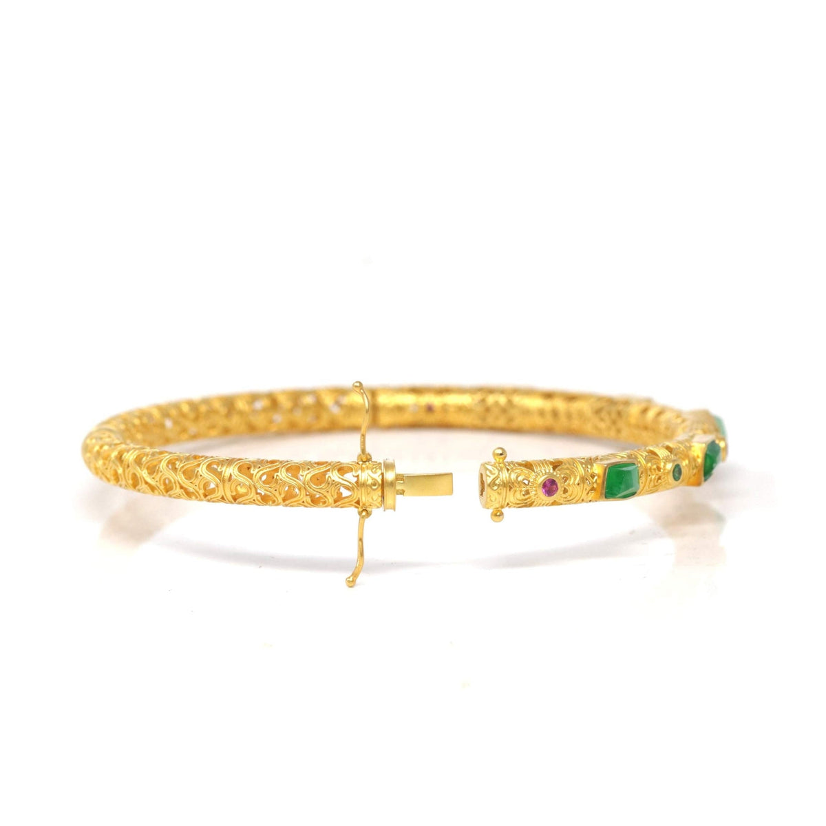 18ky Gold & Natural Imperial Green Jadeite Jade Bangle W/ Colorful Gems