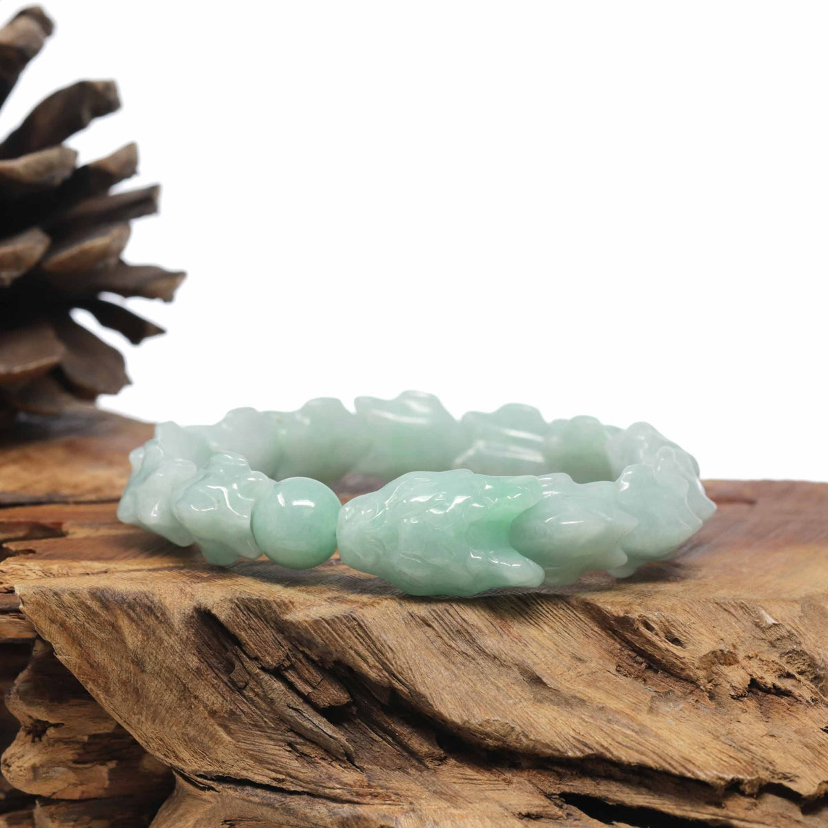 Natural Light Apple-Green Jadeite Jade "Dragon" Bead Bracelet