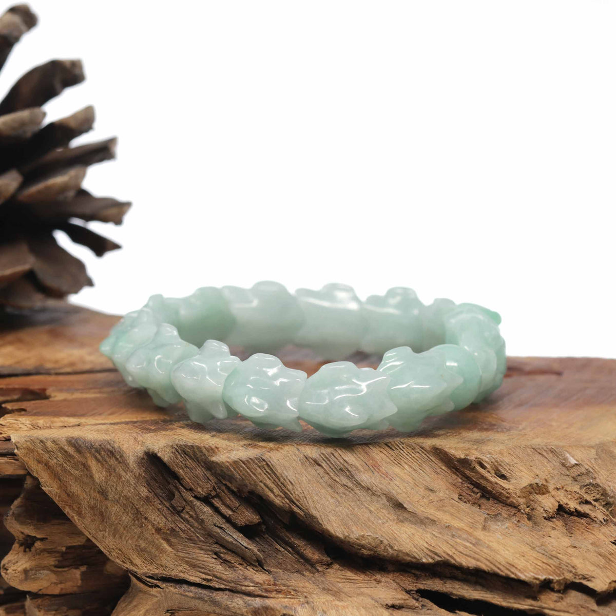 Natural Light Apple-Green Jadeite Jade "Dragon" Bead Bracelet