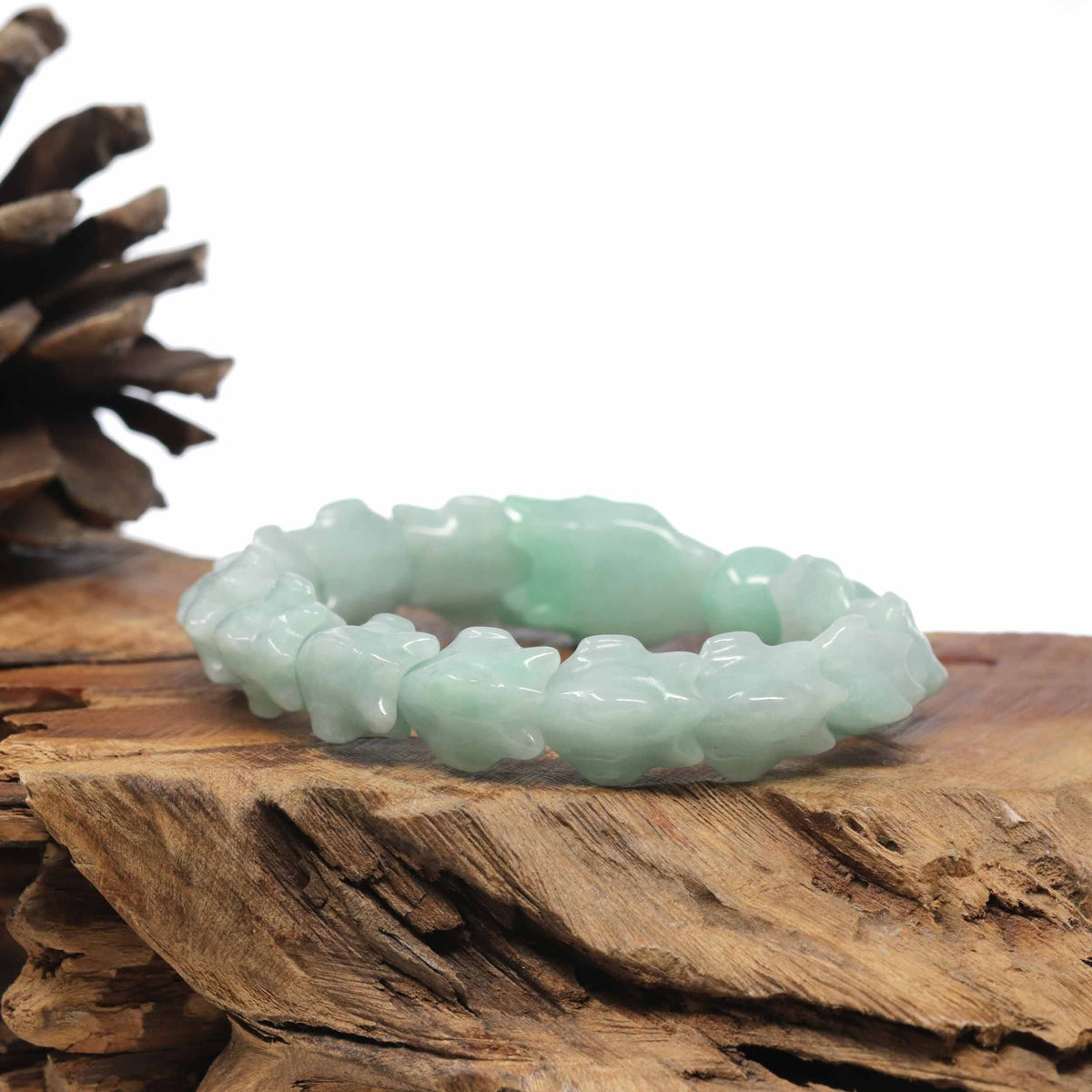 Natural Light Apple-Green Jadeite Jade "Dragon" Bead Bracelet