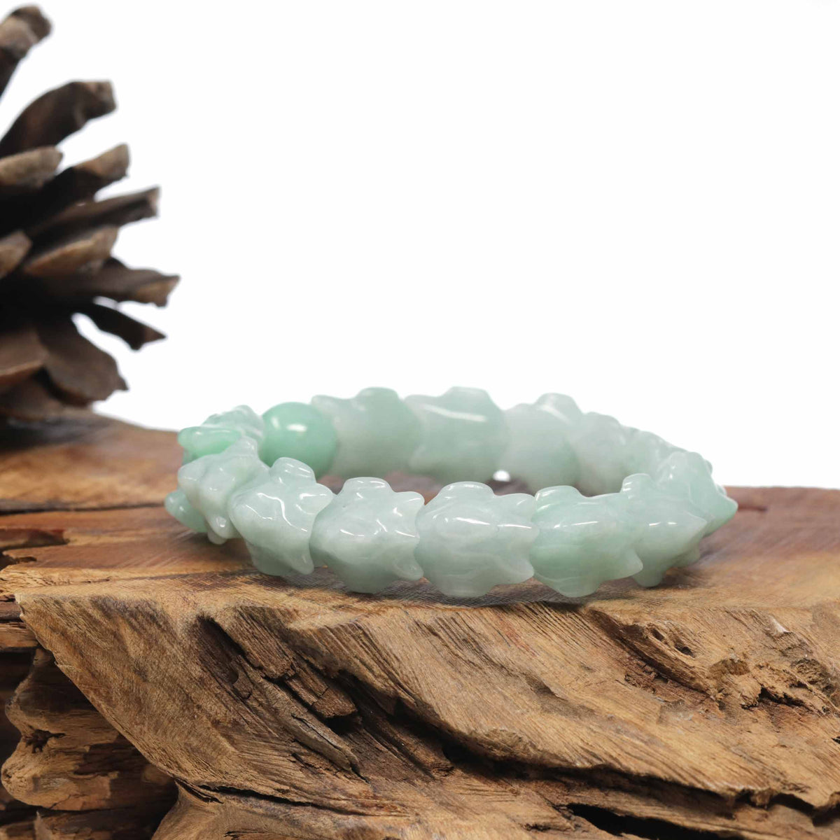 Natural Light Apple-Green Jadeite Jade "Dragon" Bead Bracelet