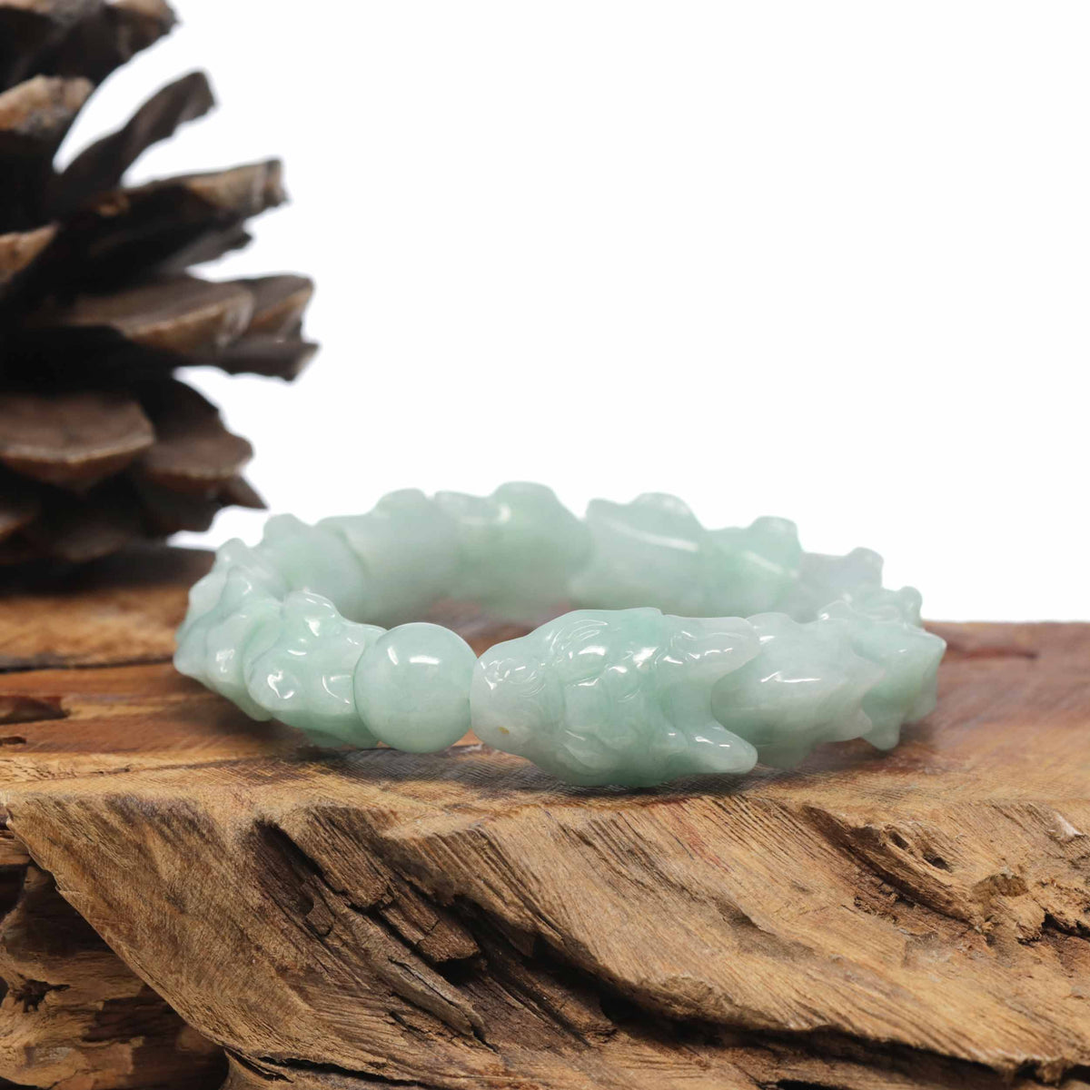 Natural Light Apple-Green Jadeite Jade "Dragon" Bead Bracelet