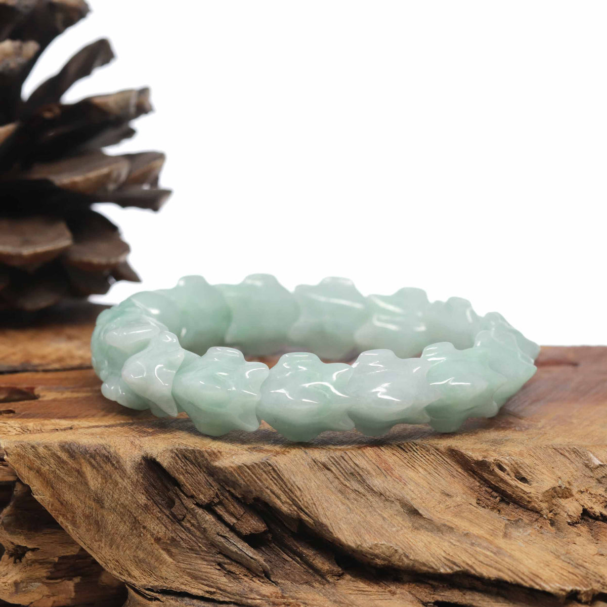 Natural Light Apple-Green Jadeite Jade "Dragon" Bead Bracelet