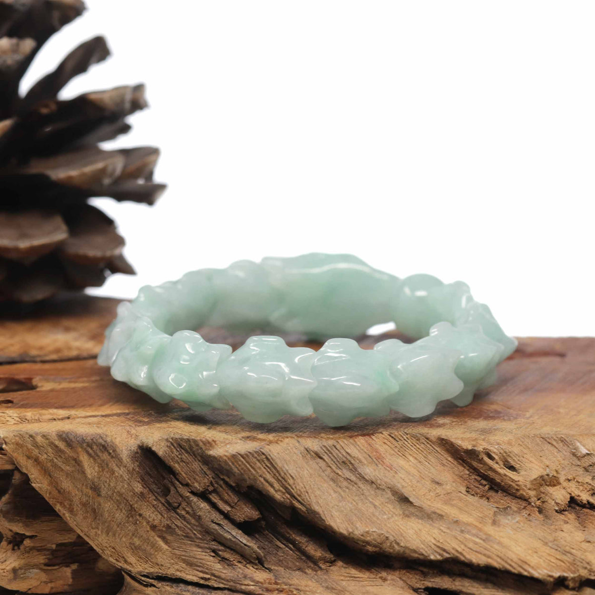 Natural Light Apple-Green Jadeite Jade "Dragon" Bead Bracelet