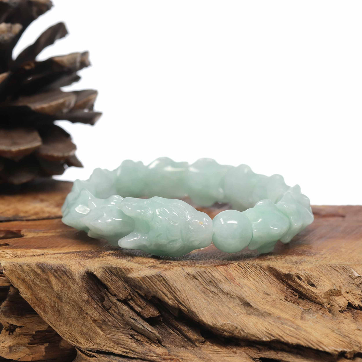 Natural Light Apple-Green Jadeite Jade "Dragon" Bead Bracelet