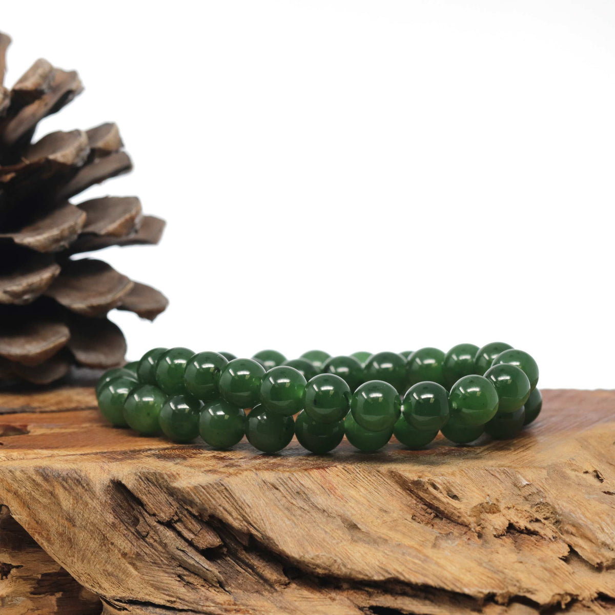Natural Forest-Green Nephrite Jade Round Bead Bracelet (9.6mm)