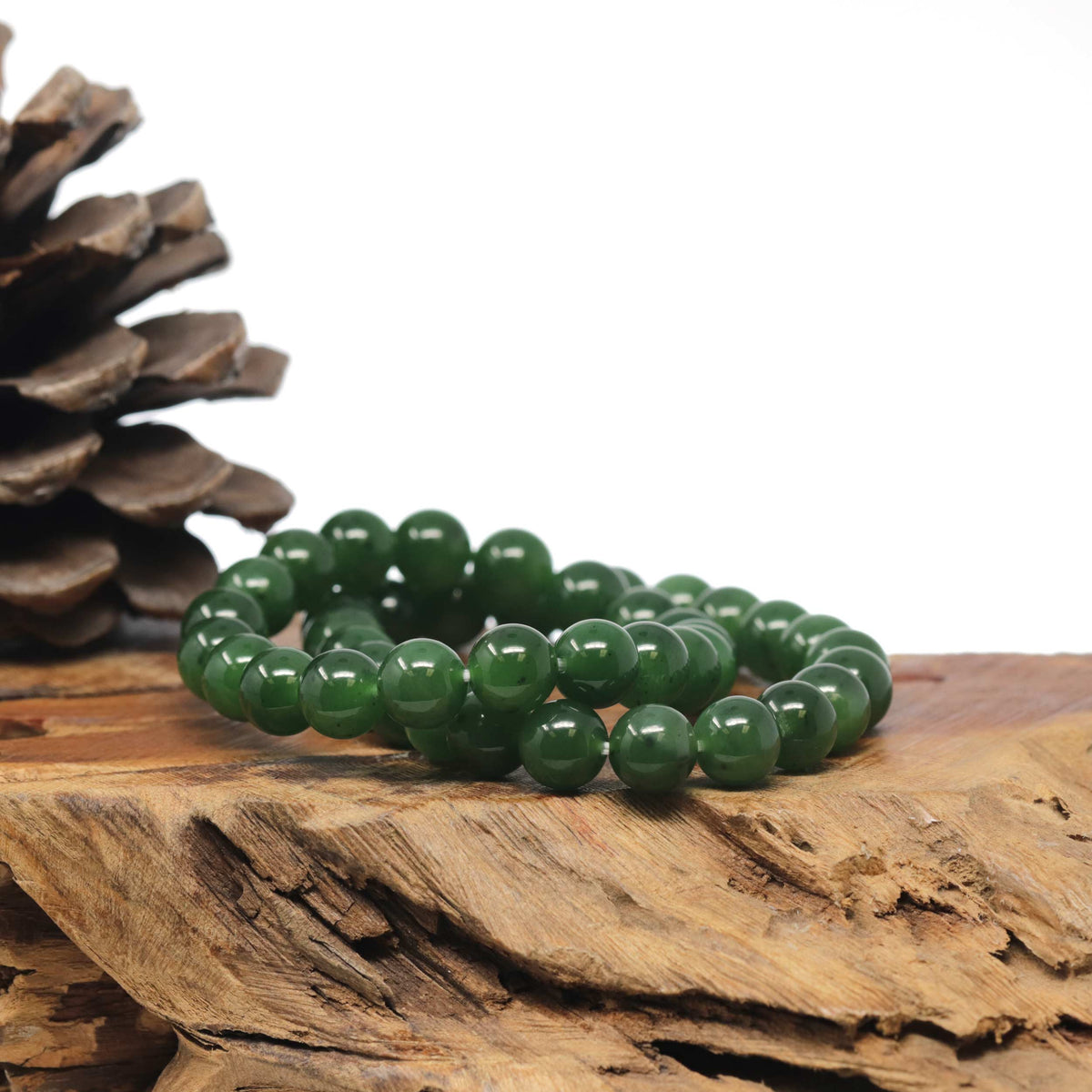 Natural Forest-Green Nephrite Jade Round Bead Bracelet (9.6mm)