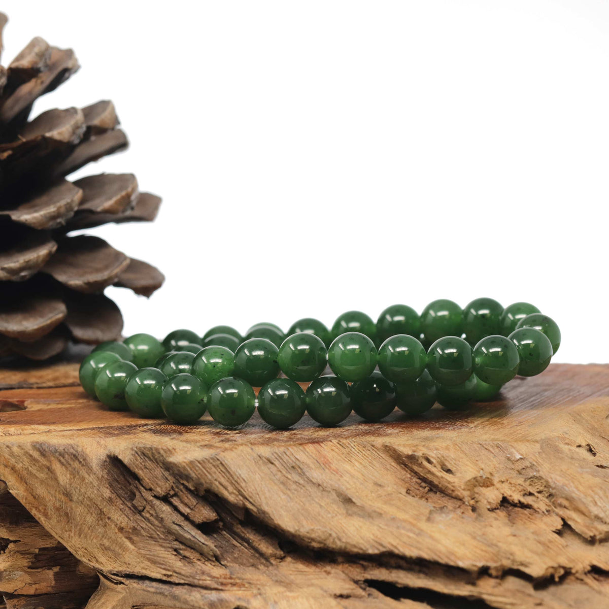 Natural Forest-Green Nephrite Jade Round Bead Bracelet (9.6mm)