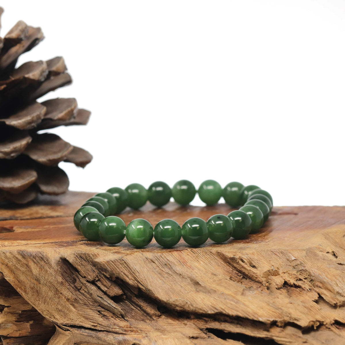 Natural Forest-Green Nephrite Jade Round Bead Bracelet (9.6mm)