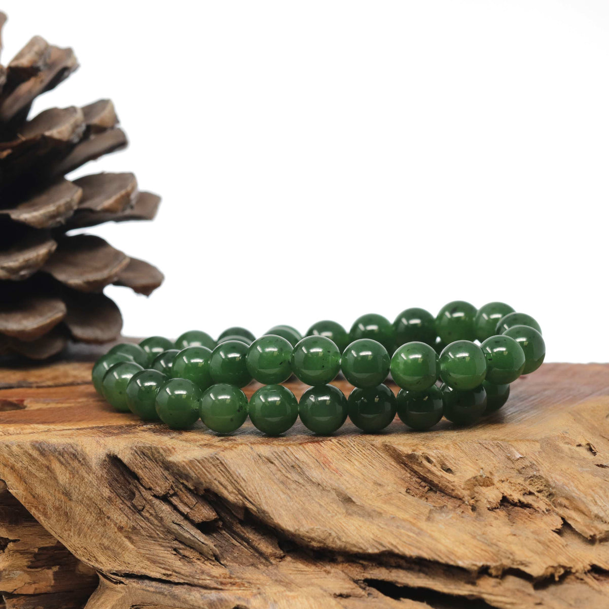 Natural Forest-Green Nephrite Jade Round Bead Bracelet (9.6mm)