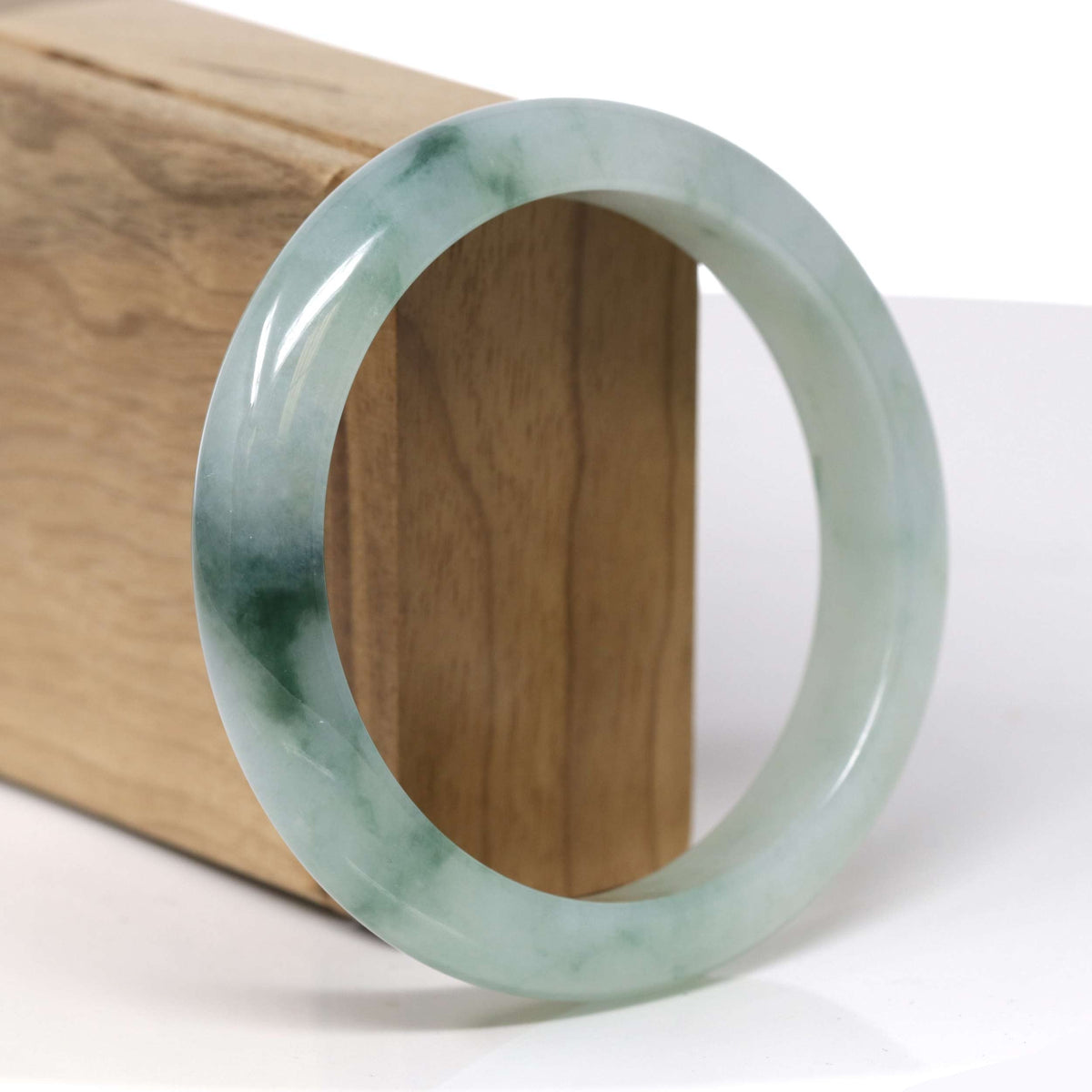Natural Icy Light Green W/ Deep Green Flowers Jadeite Jade "Half Round" Bangle Bracelet (60.4mm) #TT407