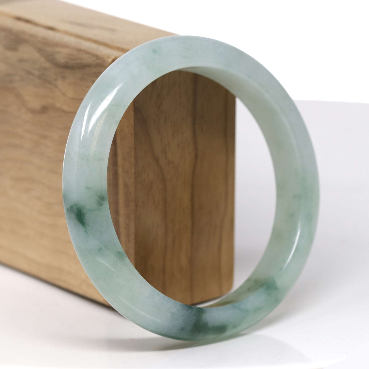 Natural Icy Light Green W/ Deep Green Flowers Jadeite Jade "Half Round" Bangle Bracelet (60.4mm) #TT407