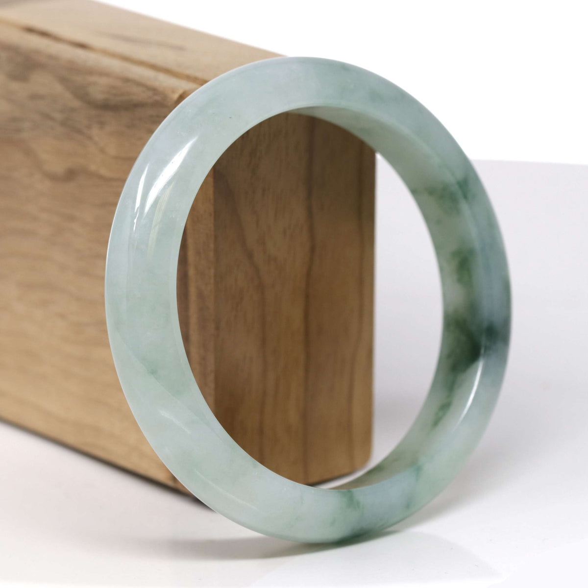 Natural Icy Light Green W/ Deep Green Flowers Jadeite Jade "Half Round" Bangle Bracelet (60.4mm) #TT407