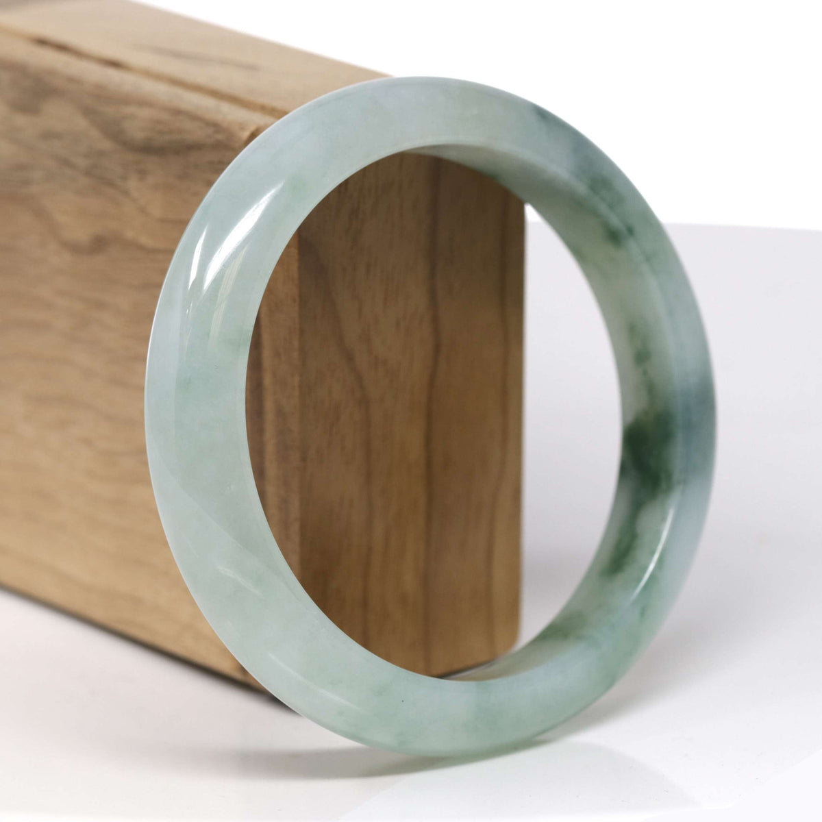 Natural Icy Light Green W/ Deep Green Flowers Jadeite Jade "Half Round" Bangle Bracelet (60.4mm) #TT407
