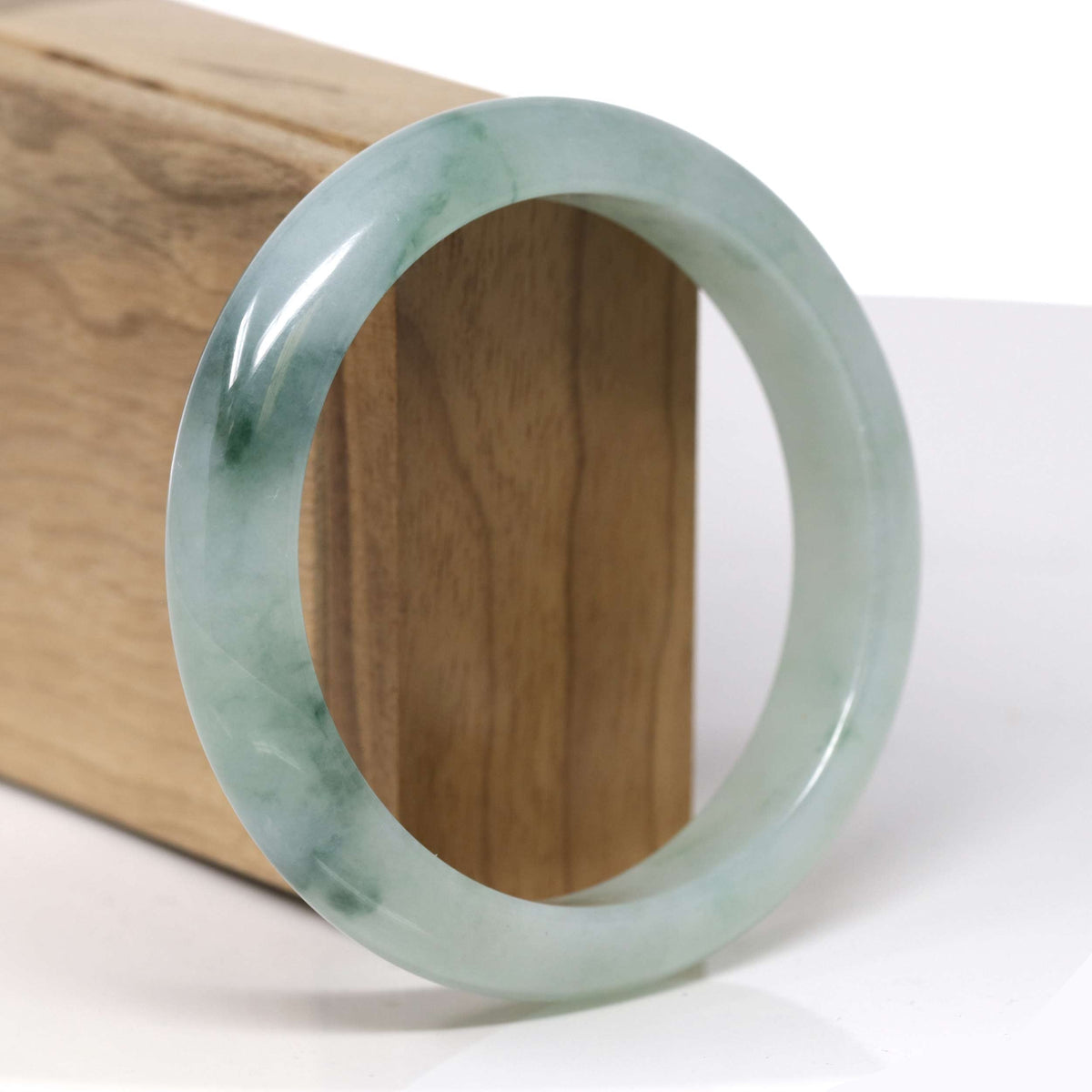 Natural Icy Light Green W/ Deep Green Flowers Jadeite Jade "Half Round" Bangle Bracelet (60.4mm) #TT407
