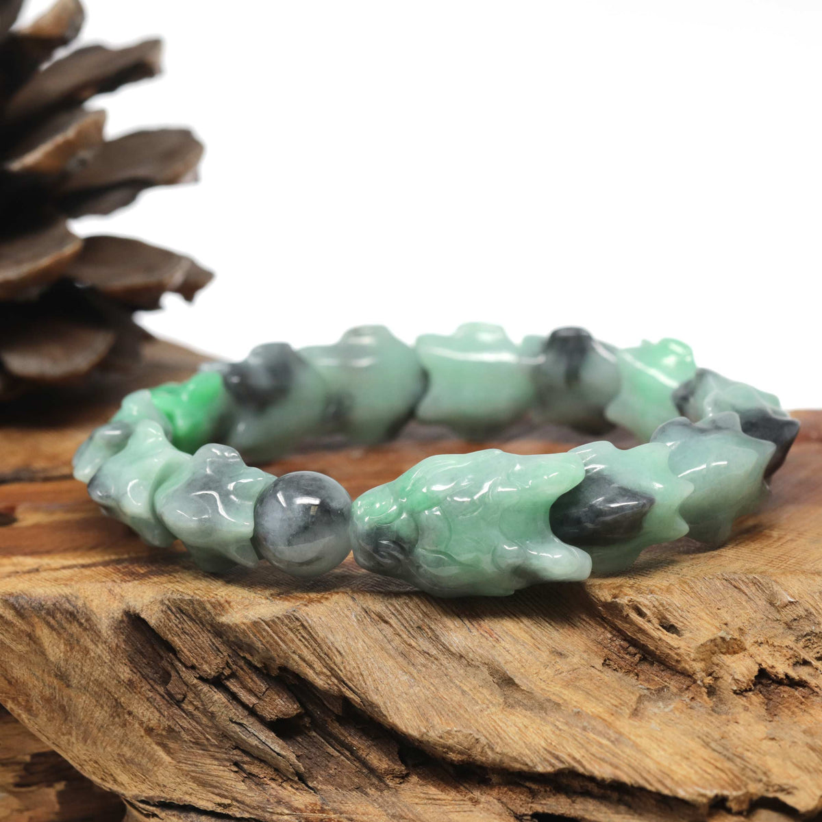 Natural Apple-Green & Black Wuji Jadeite Jade "Dragon" Bead Bracelet