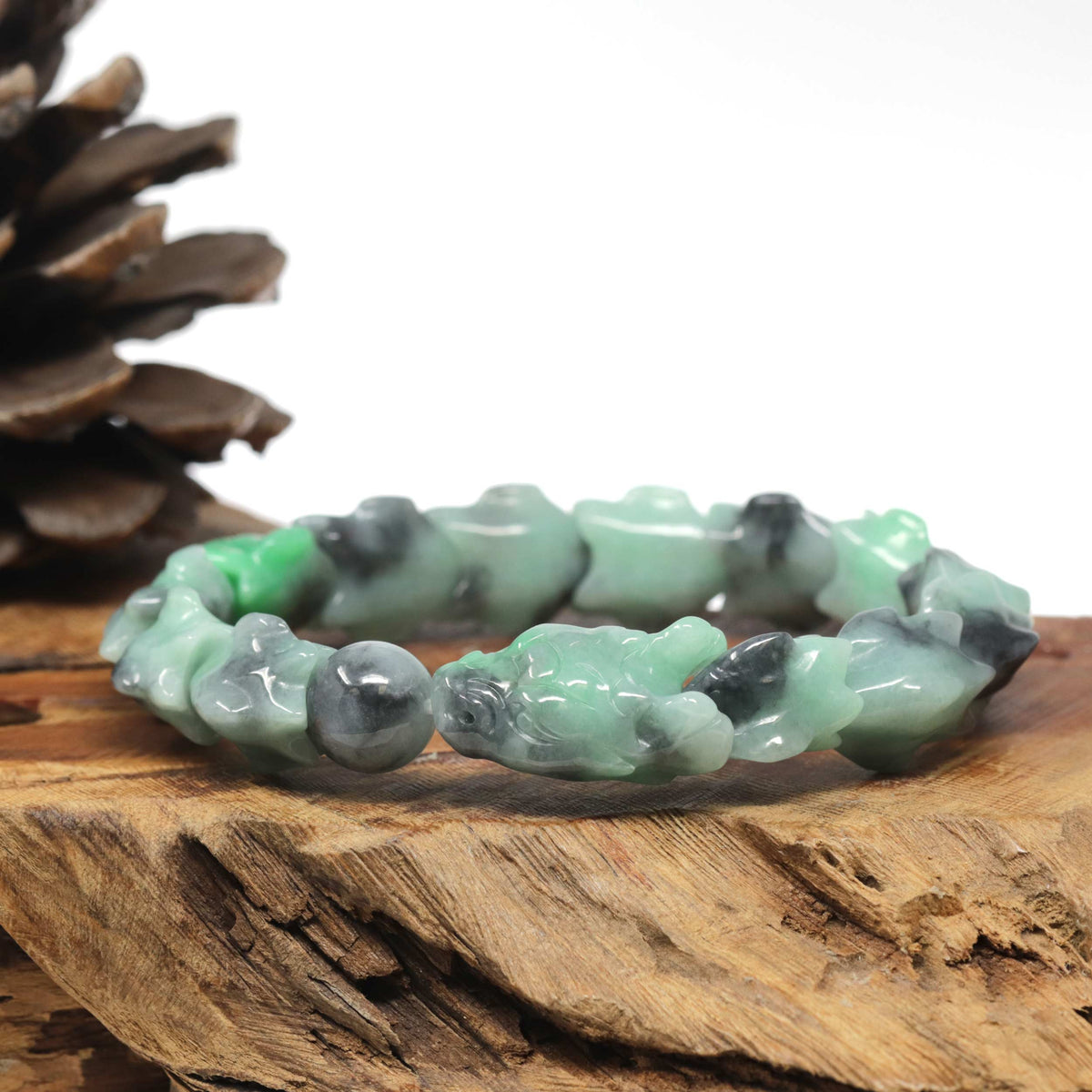 Natural Apple-Green & Black Wuji Jadeite Jade "Dragon" Bead Bracelet