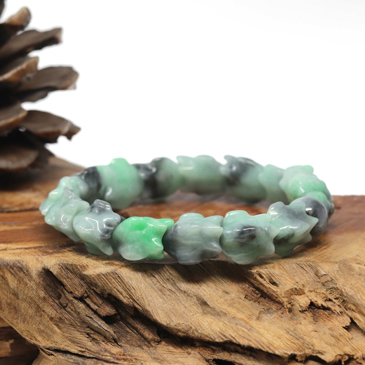 Natural Apple-Green & Black Wuji Jadeite Jade "Dragon" Bead Bracelet