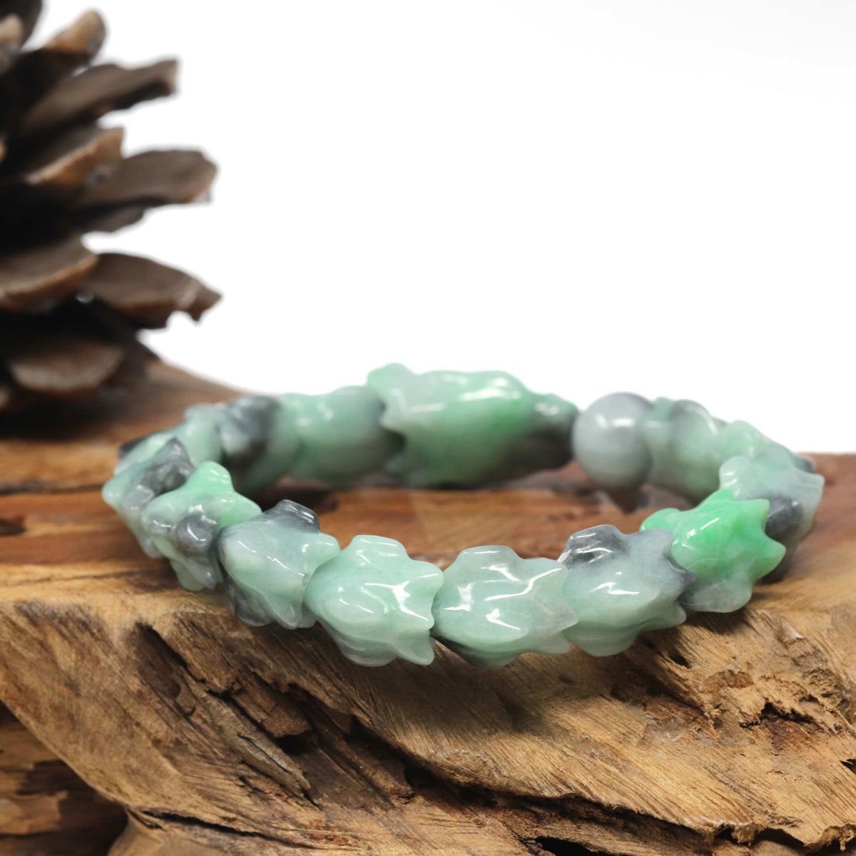 Natural Apple-Green & Black Wuji Jadeite Jade "Dragon" Bead Bracelet