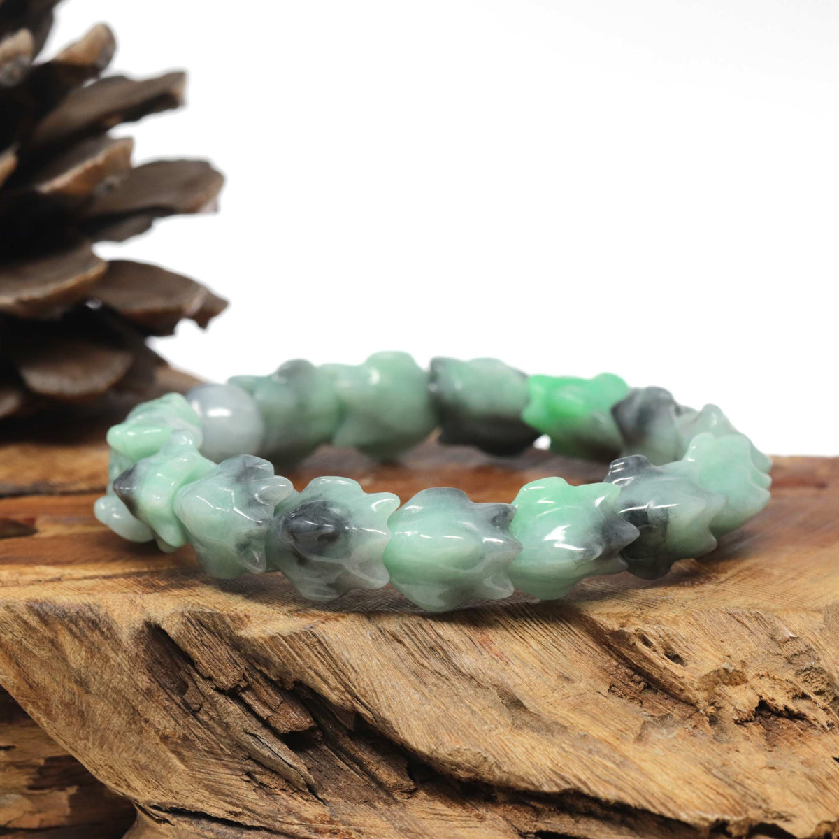 Natural Apple-Green & Black Wuji Jadeite Jade "Dragon" Bead Bracelet