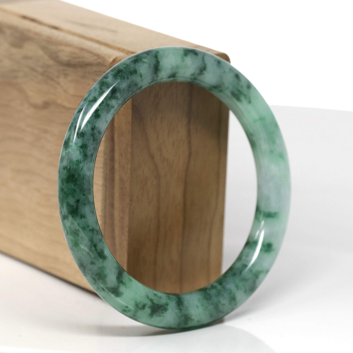 Natural Deep Forest Green Flower Jadeite Jade "Traditional Round" Bangle (55.9mm) #TT453