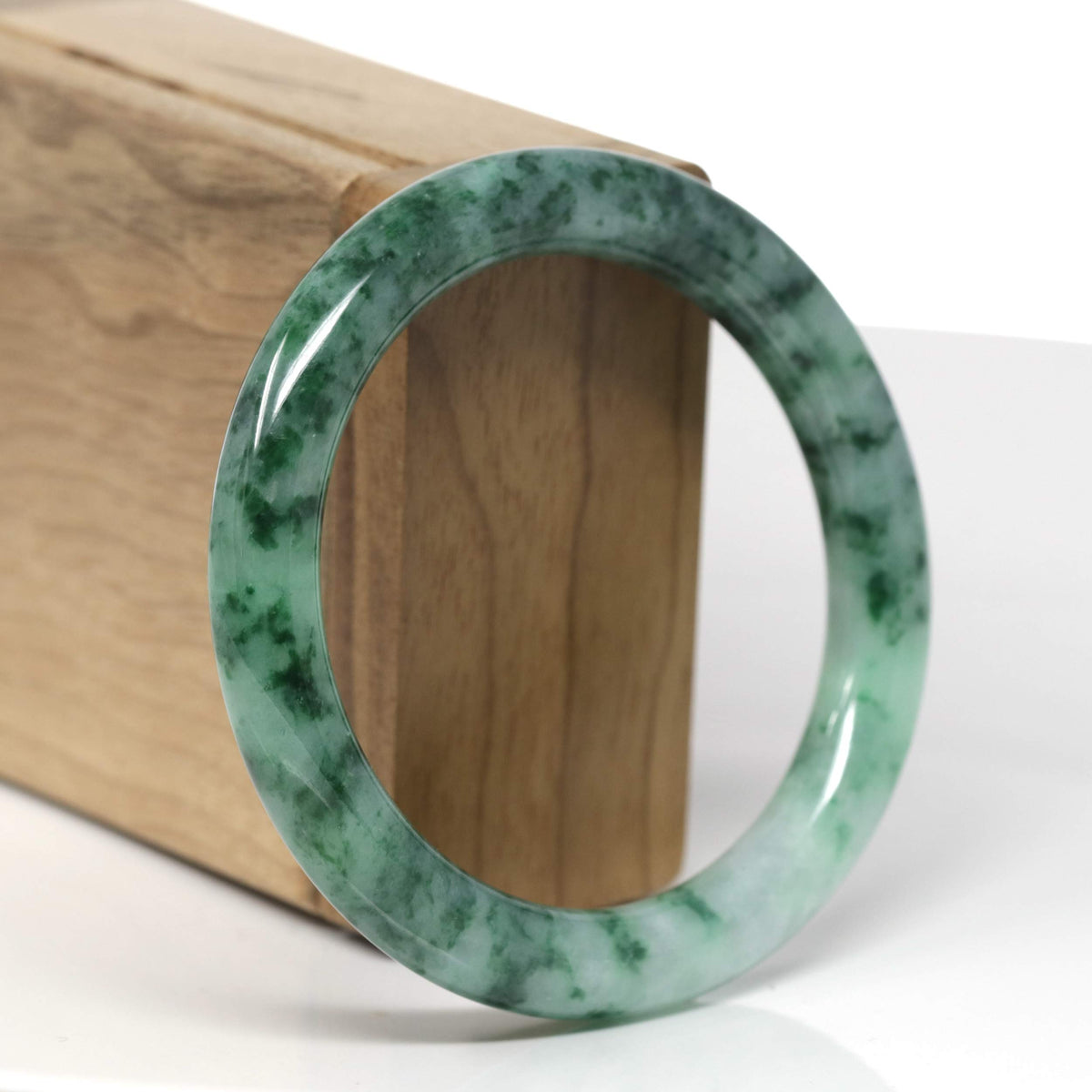 Natural Deep Forest Green Flower Jadeite Jade "Traditional Round" Bangle (55.9mm) #TT453