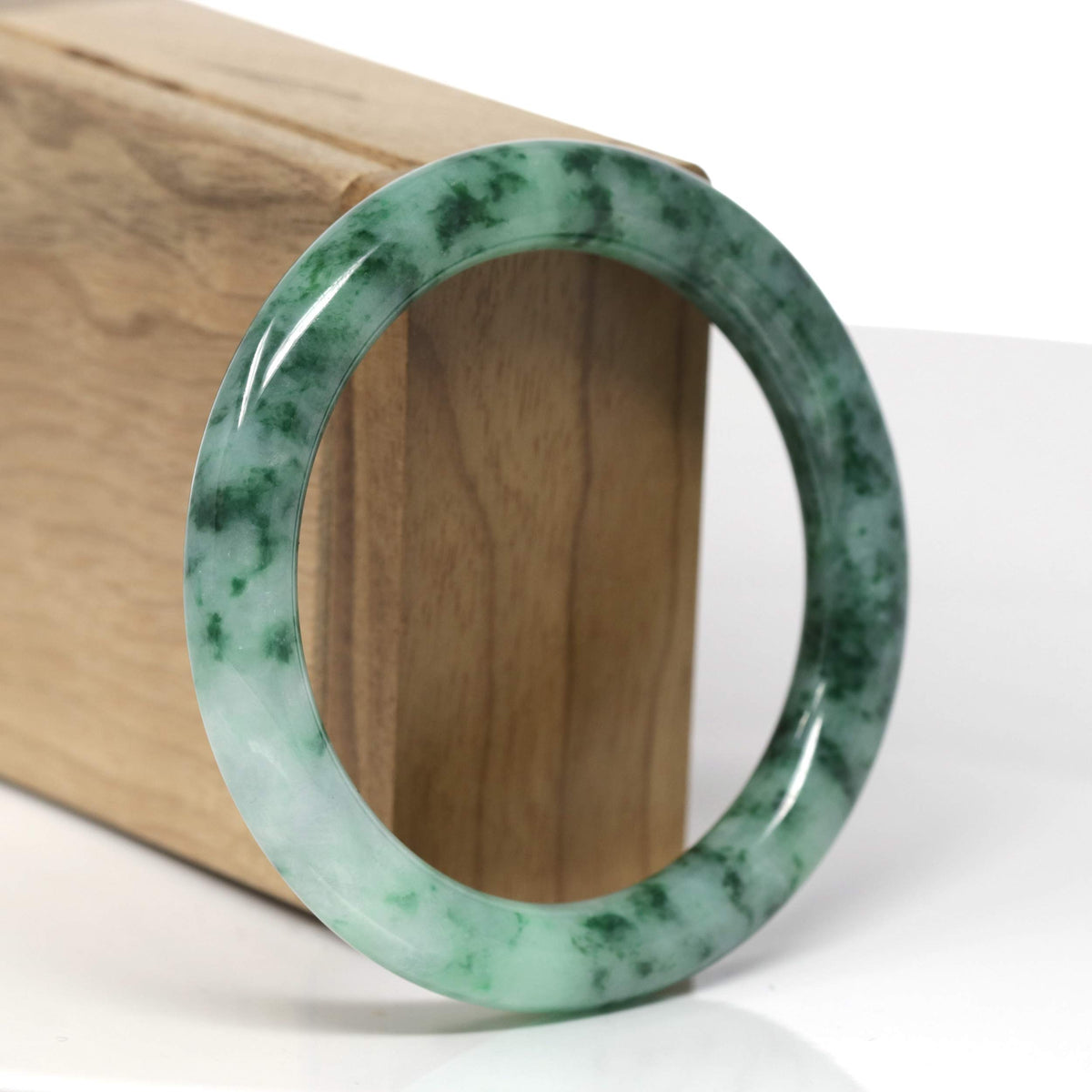 Natural Deep Forest Green Flower Jadeite Jade "Traditional Round" Bangle (55.9mm) #TT453