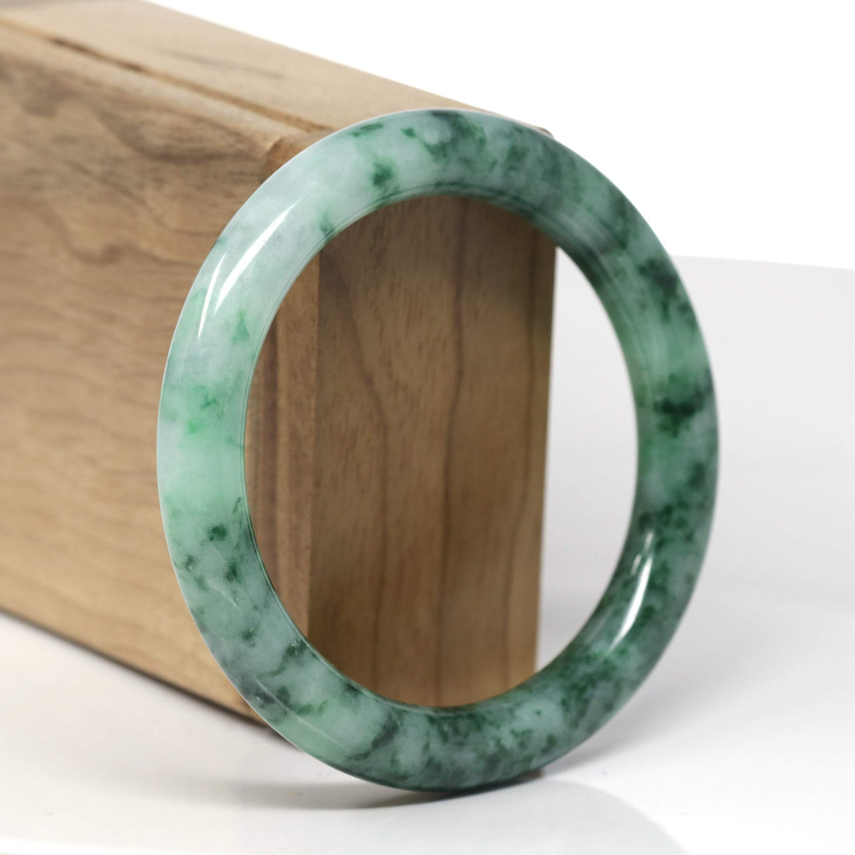 Natural Deep Forest Green Flower Jadeite Jade "Traditional Round" Bangle (55.9mm) #TT453