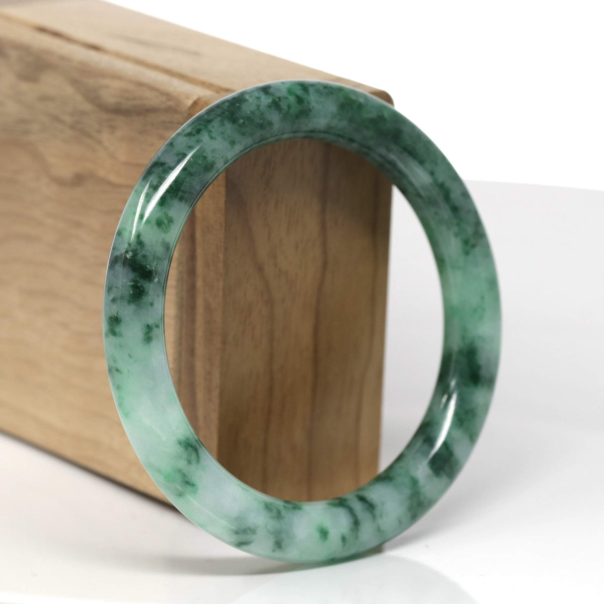 Natural Deep Forest Green Flower Jadeite Jade "Traditional Round" Bangle (55.9mm) #TT453