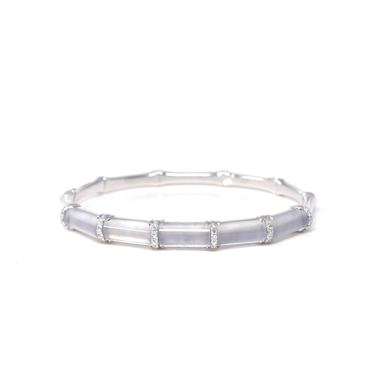 High-End Natural Icy Jadeite Jade 18kw Gold "Bamboo" Bangle Bracelet W/ Natural Diamonds