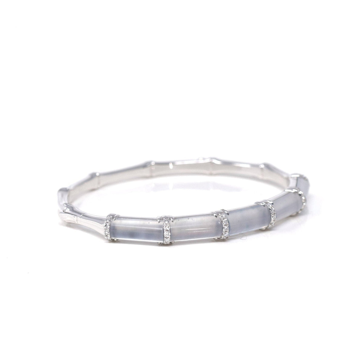 High-End Natural Icy Jadeite Jade 18kw Gold "Bamboo" Bangle Bracelet W/ Natural Diamonds