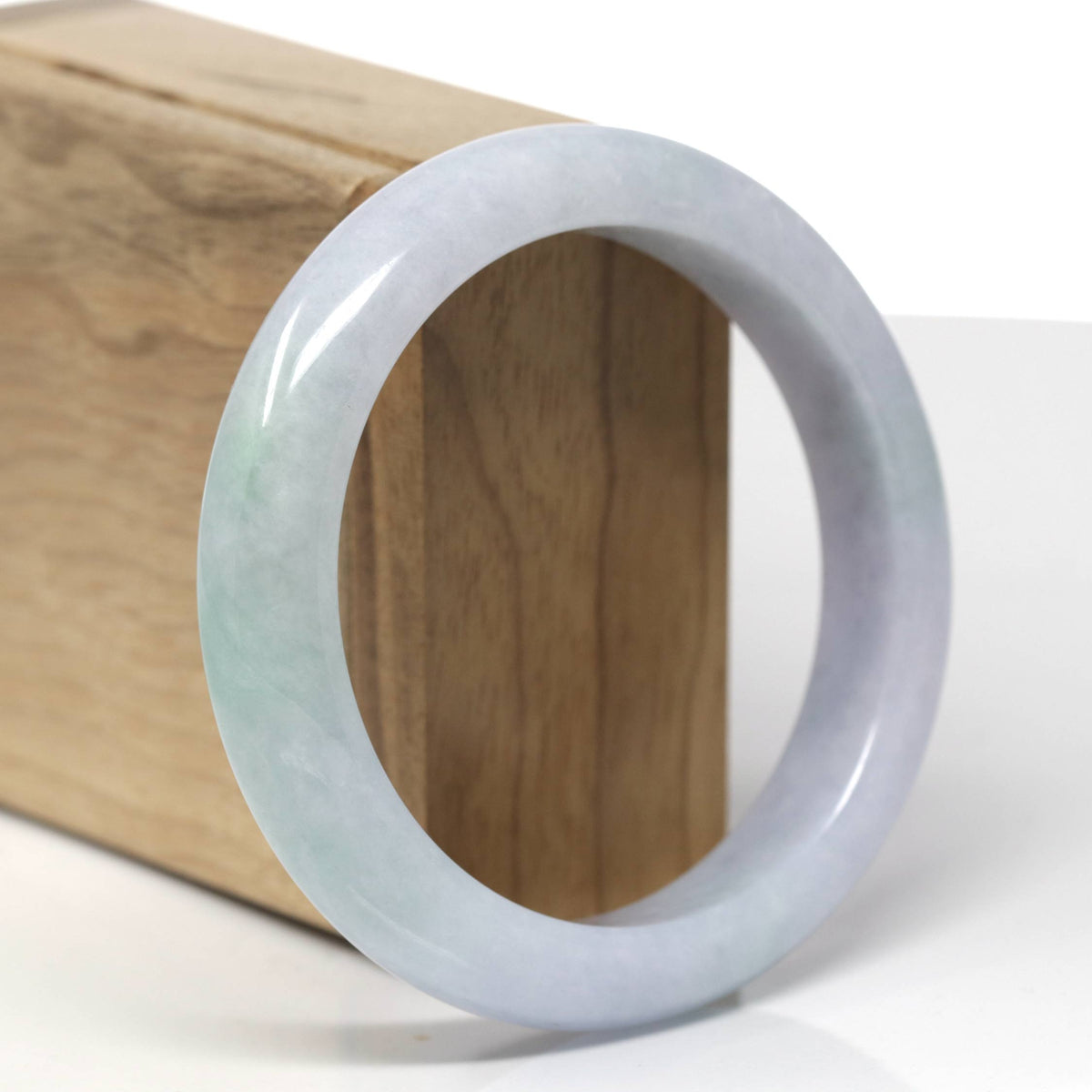 Natural Light Lavender W/ Green Patch Jadeite Jade "Half Round" Bangle Bracelet (57.6mm) #TT566