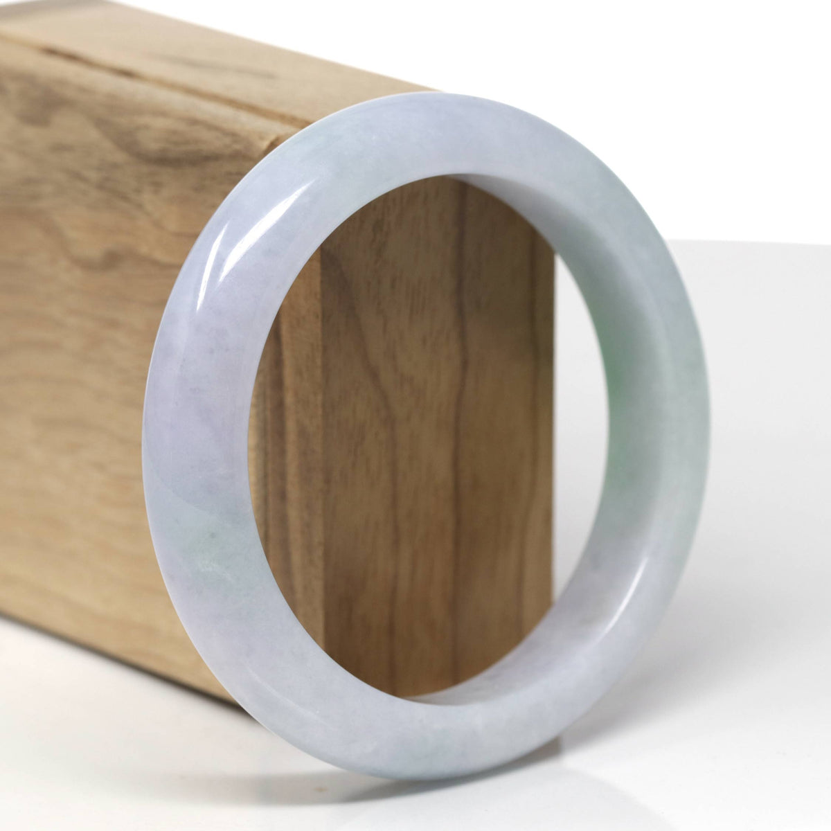 Natural Light Lavender W/ Green Patch Jadeite Jade "Half Round" Bangle Bracelet (57.6mm) #TT566