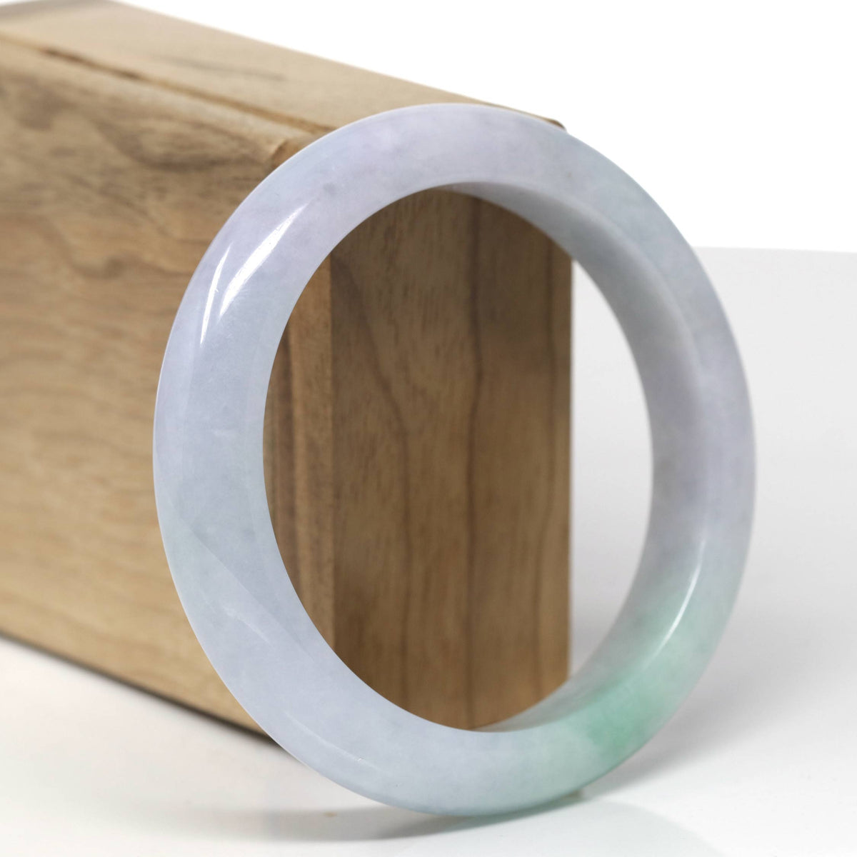 Natural Light Lavender W/ Green Patch Jadeite Jade "Half Round" Bangle Bracelet (57.6mm) #TT566