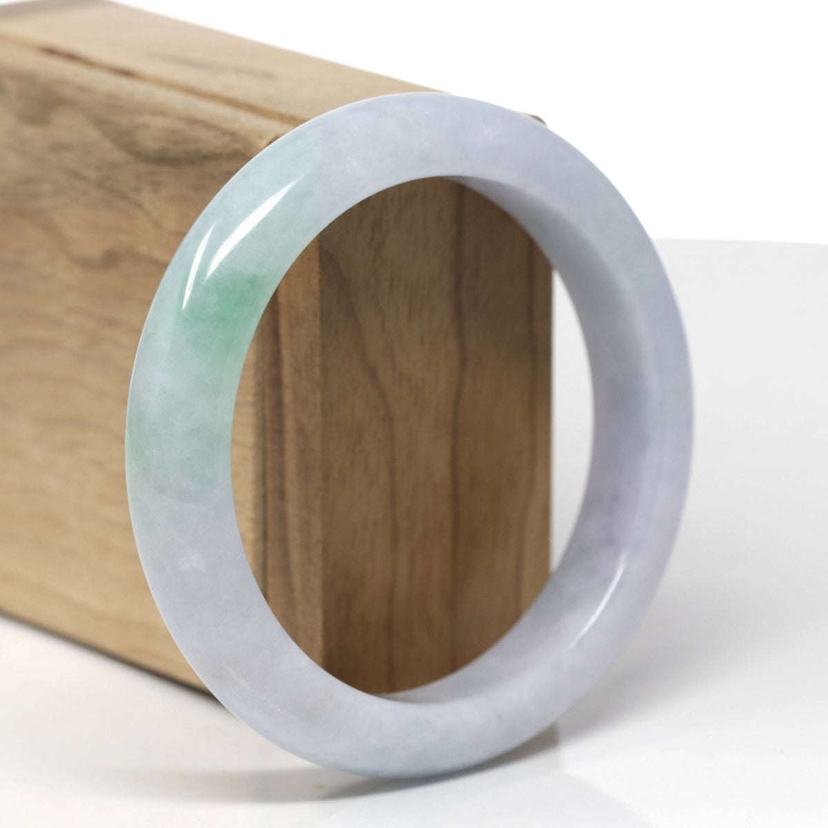 Natural Light Lavender W/ Green Patch Jadeite Jade "Half Round" Bangle Bracelet (57.6mm) #TT566