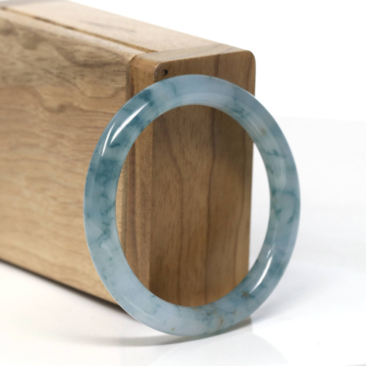 Icy Blue Flower Natural Jadeite Jade Traditional Round Bangle (51mm) #T923